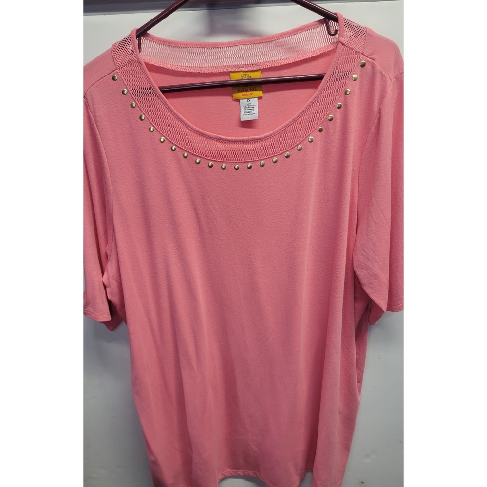 Ruby Rd Woman Coral Pink Studded Mesh Neck Short Sleeve Knit Top Plus 1X‎